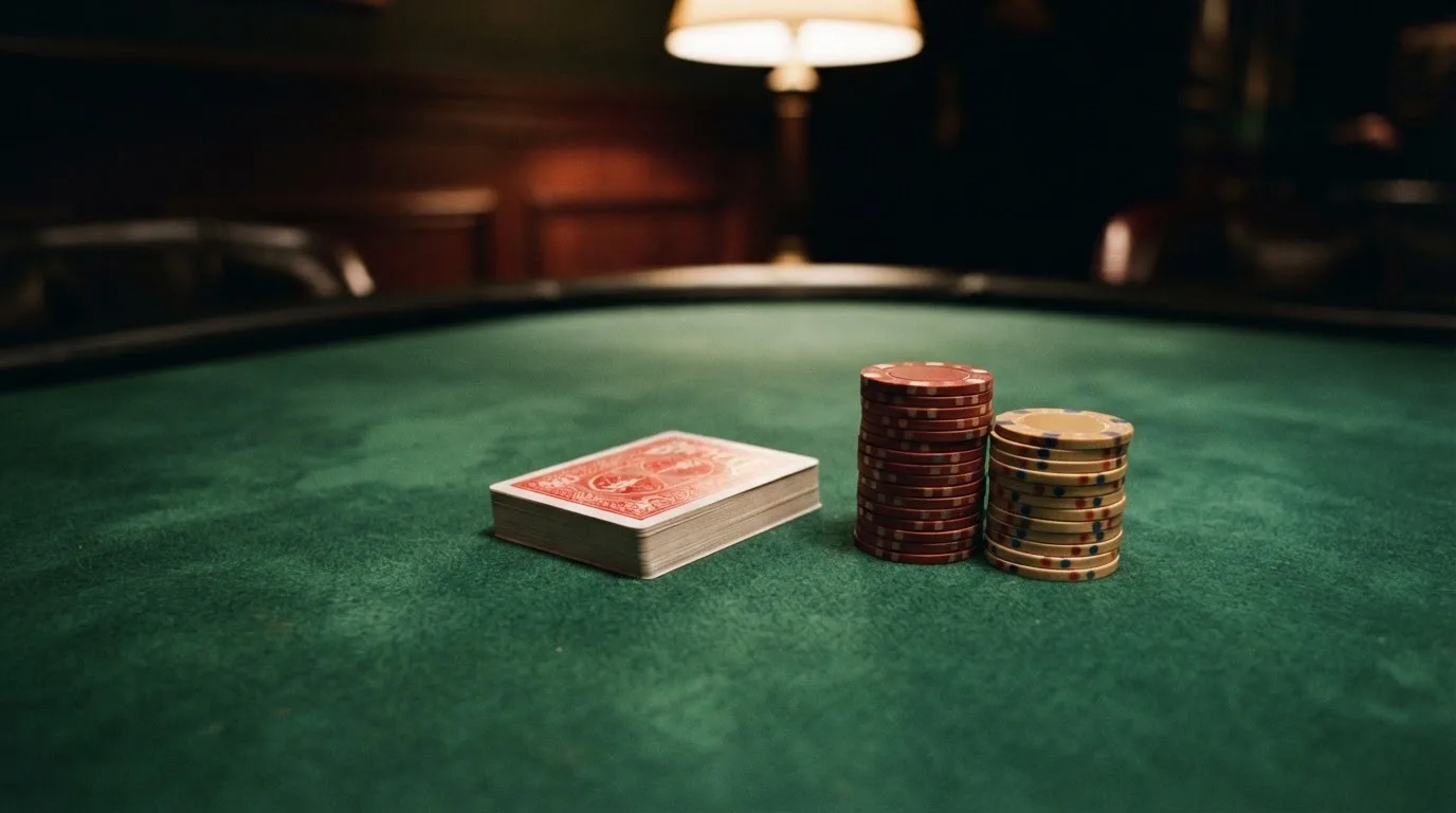 Kortlek och staplar av spelmarker på ett grönt filtbord i en dunkel salong, varmt lampsken — 10 euro casino i sverige