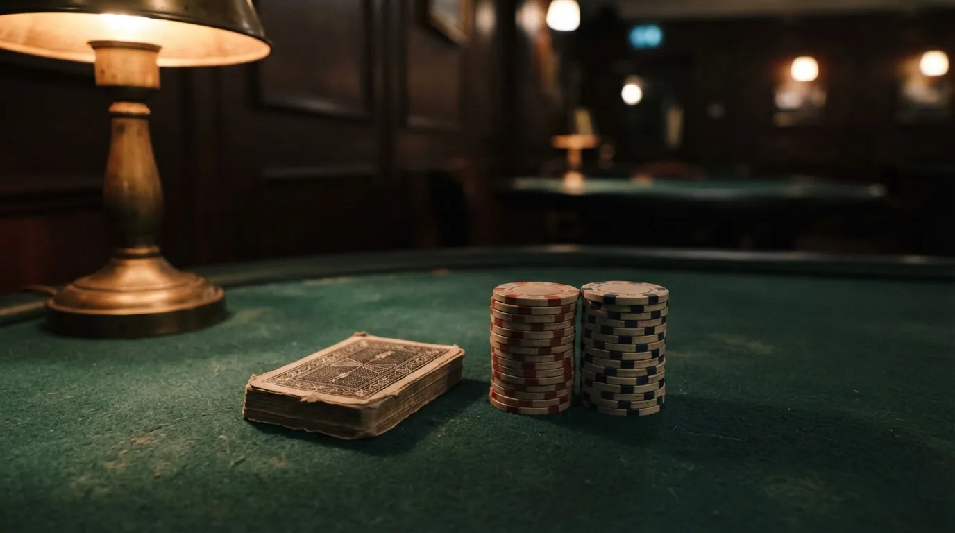 Kortlek och staplar av spelmarker på ett grönt filtbord i en dunkel salong, varmt lampsken — 10 free spins casino i sverige