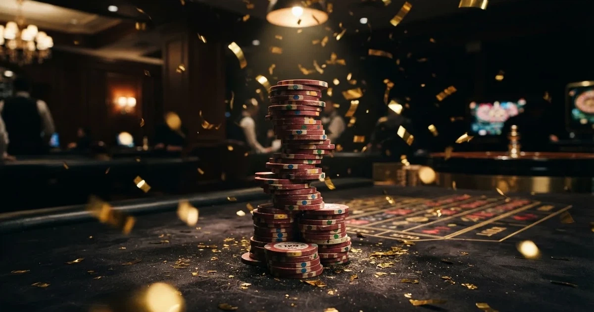Guldkonfetti faller över spelmarker på ett svart bord, en ljuskägla träffar högens topp — 10 free spins casino i sverige