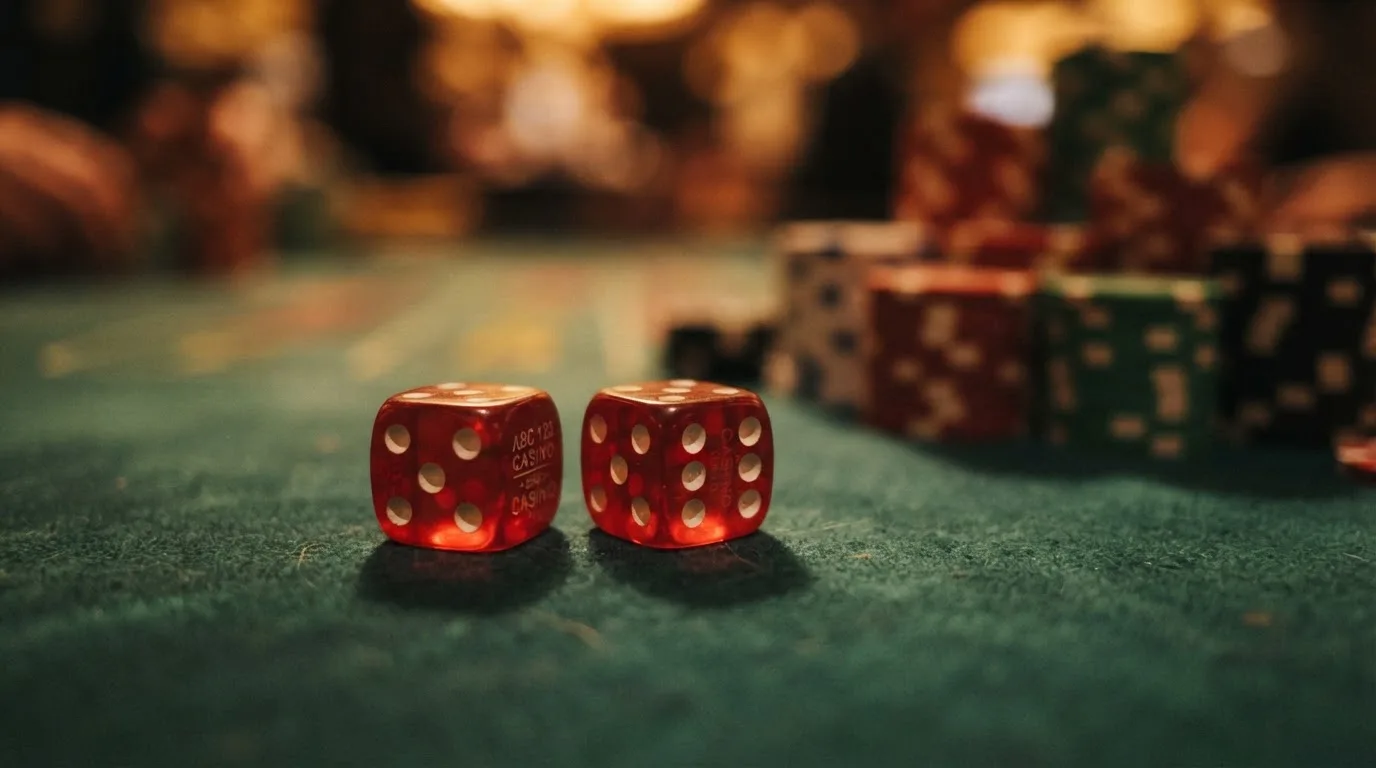 Röda tärningar vilar på grönt filt, bakom dem suddiga torn av spelmarker i kvällsdunklet — 10 kr casino i sverige
