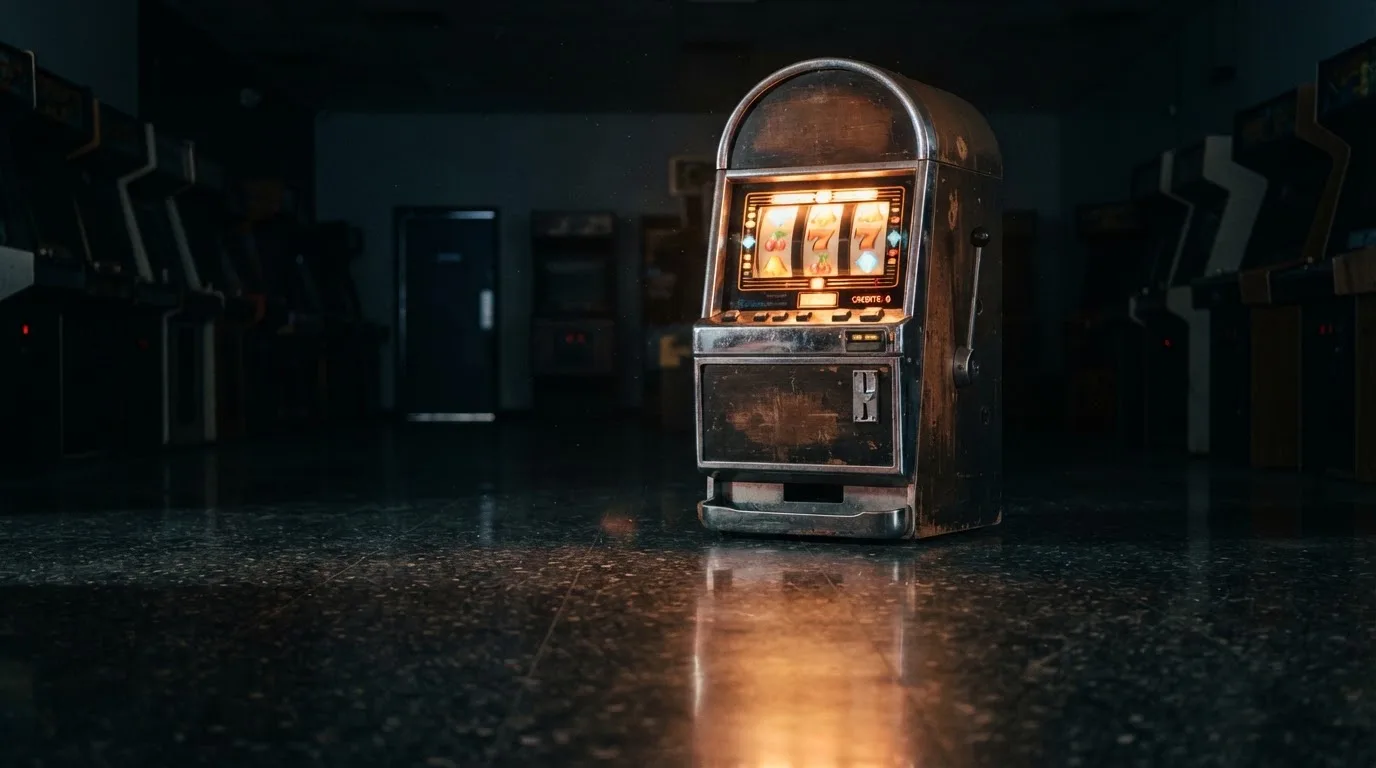 En gammal spelautomat lyser i den dunkla hallen och speglar sig i golvet — 100 free spins casino i sverige