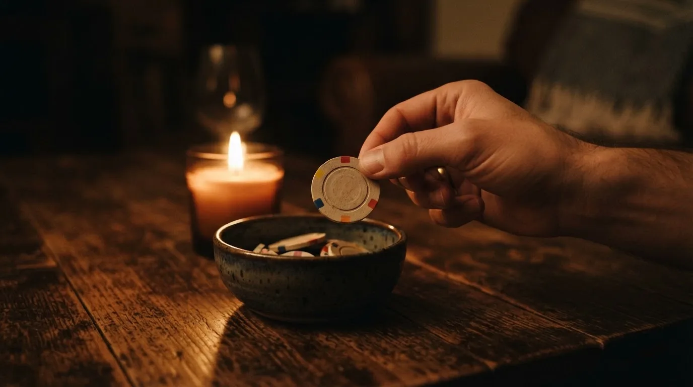 En hand lyfter en spelmark ur en skål, ljuslågan färgar bordet gyllenbrunt — 100 kr casino i sverige