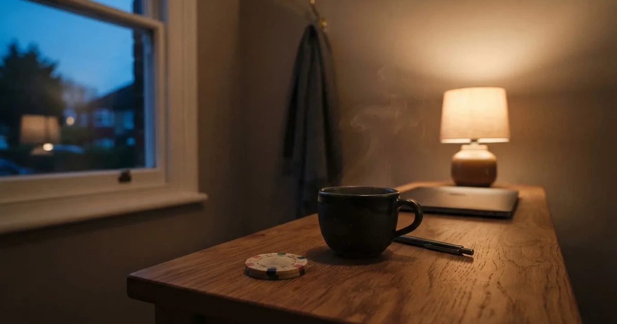 Kaffekopp och penna på ett smalt hallbord i skymning, en stängd bärbar dator vid sidan — 100 kr casino i sverige