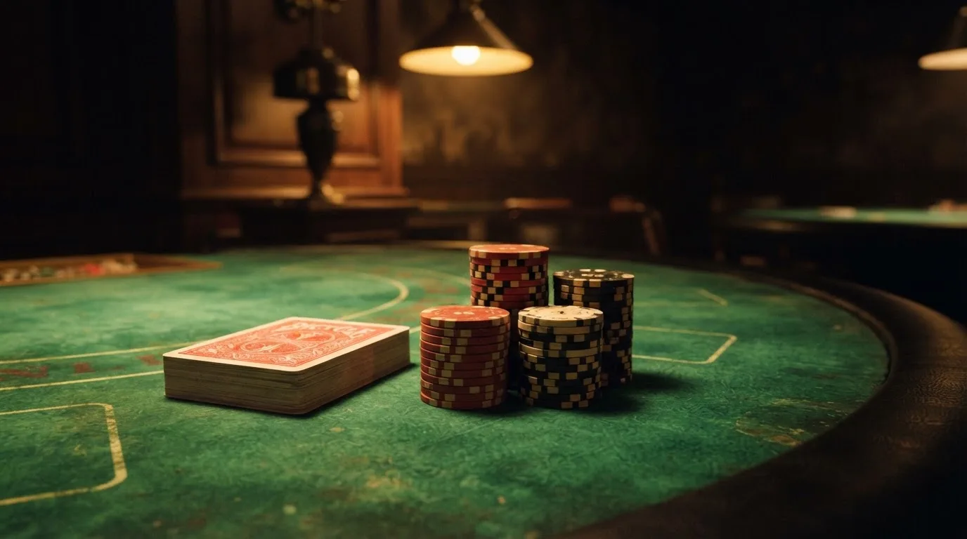 Kortlek och staplar av spelmarker på ett grönt filtbord i en dunkel salong, varmt lampsken — 150 free spins casino i sverige