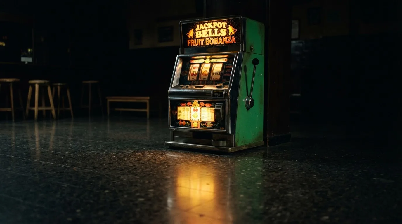 En gammal spelautomat lyser i den dunkla hallen och speglar sig i golvet — 150 kr casino i sverige