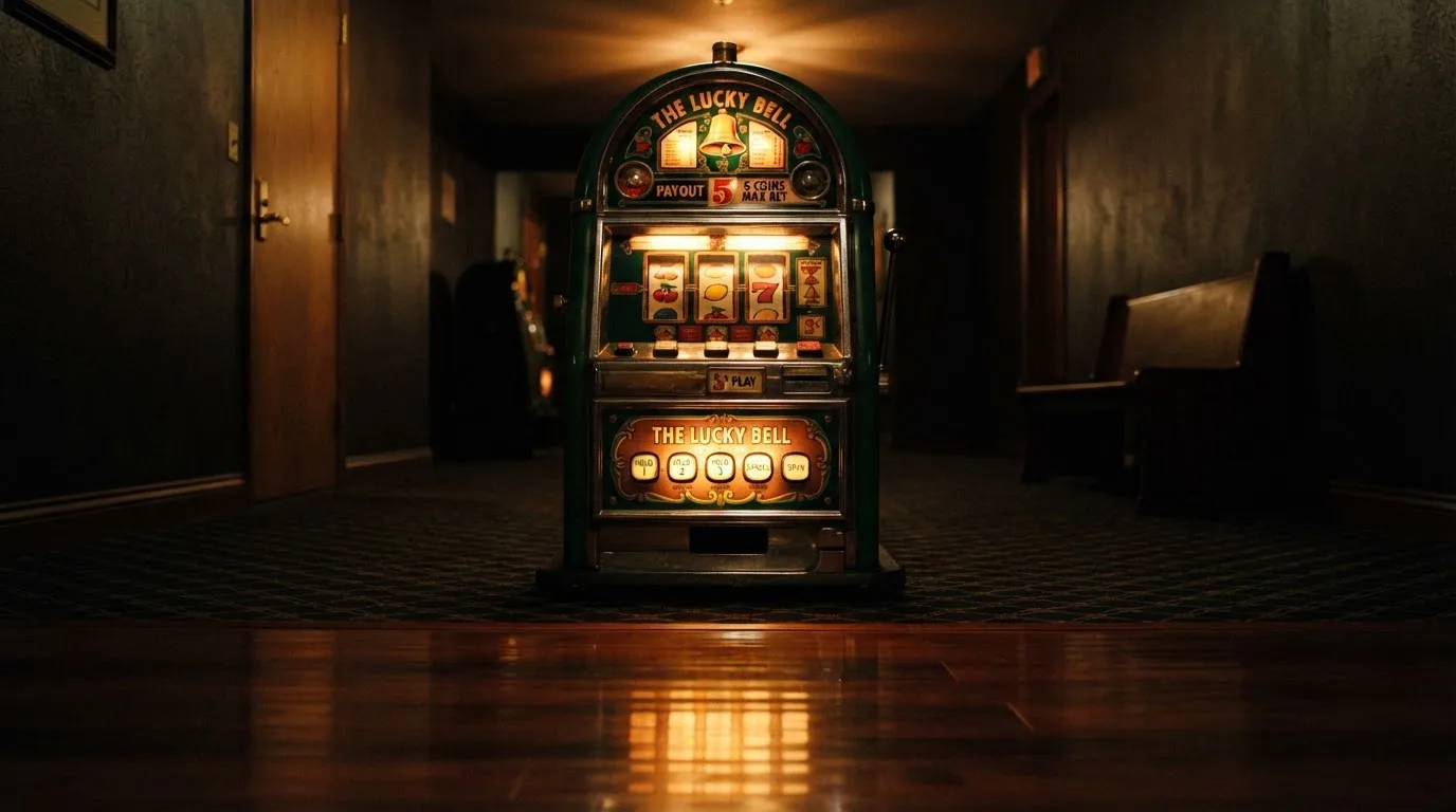 En gammal spelautomat lyser i den dunkla hallen och speglar sig i golvet — 20 euro casino i sverige