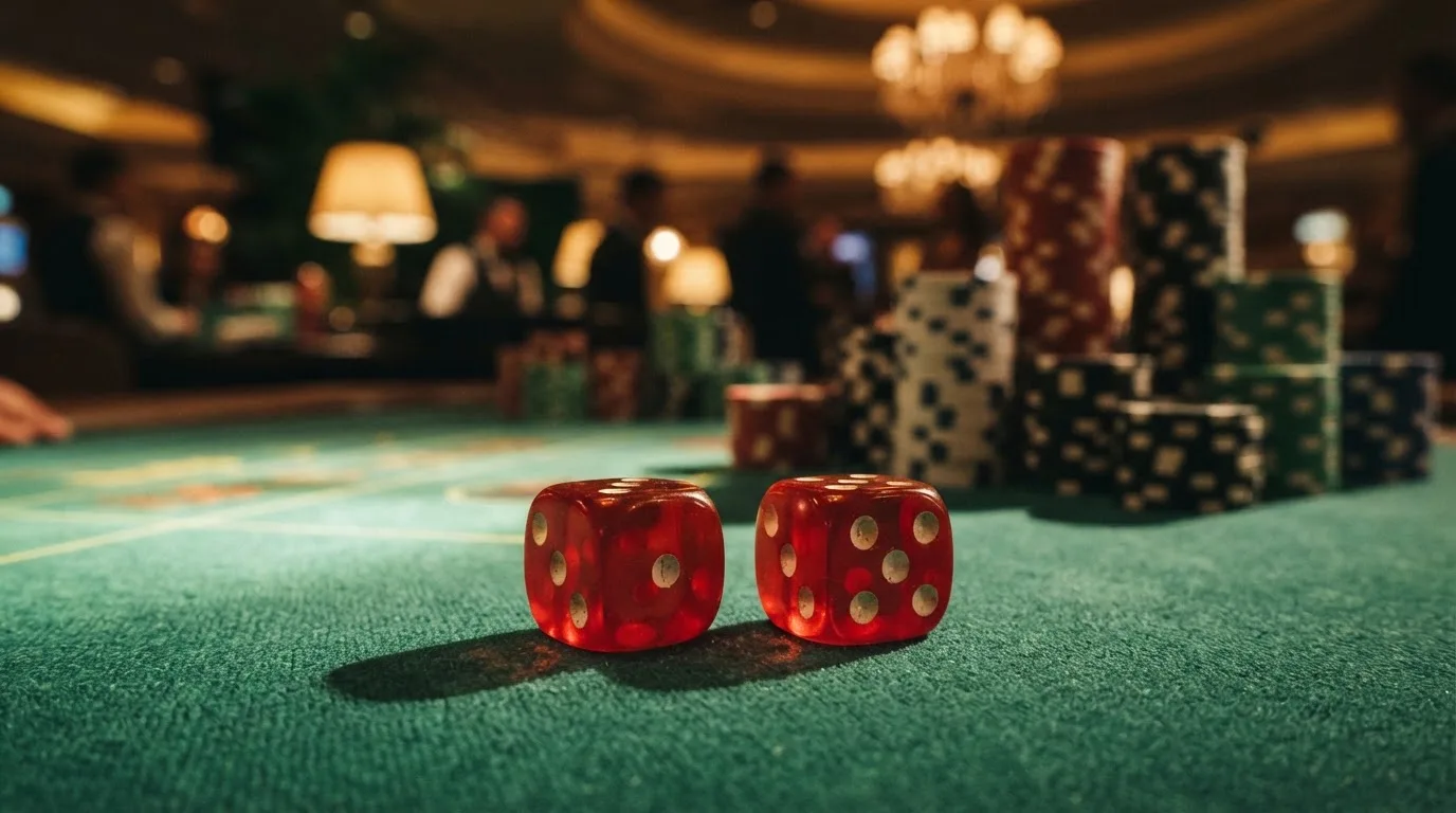Röda tärningar vilar på grönt filt, bakom dem suddiga torn av spelmarker i kvällsdunklet — 20 free spins casino i sverige
