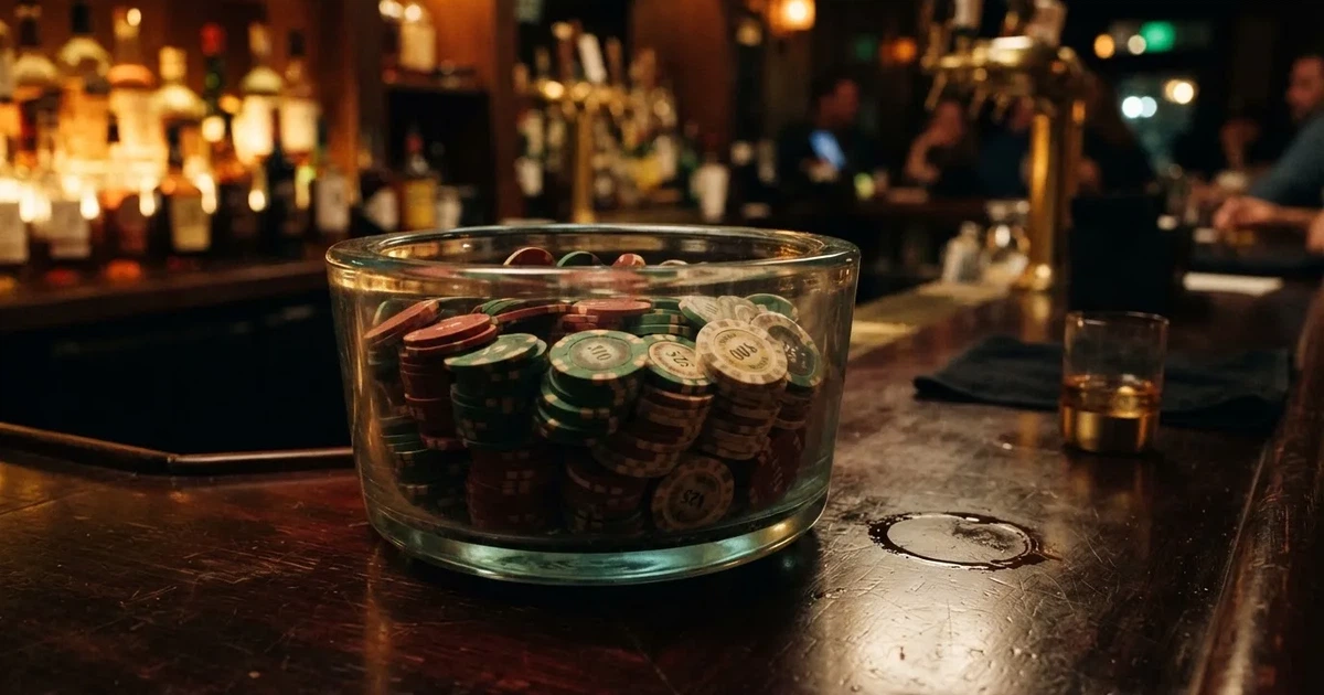En glasskål full av färgglada spelmarker på en bardisk, flaskor glöder bakom i bärnstensfärg — 20 free spins casino i sverige