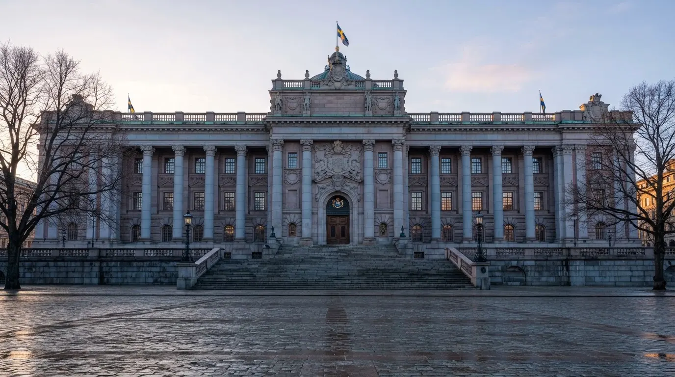Stenfasad på en statlig byggnad i Stockholm vid gryning, höga pelare och ett tomt torg framför — 20 free spins casino i sverige