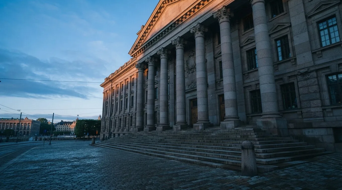 Stenfasad på en statlig byggnad i Stockholm vid gryning, höga pelare och ett tomt torg framför — 200 free spins casino i sverige