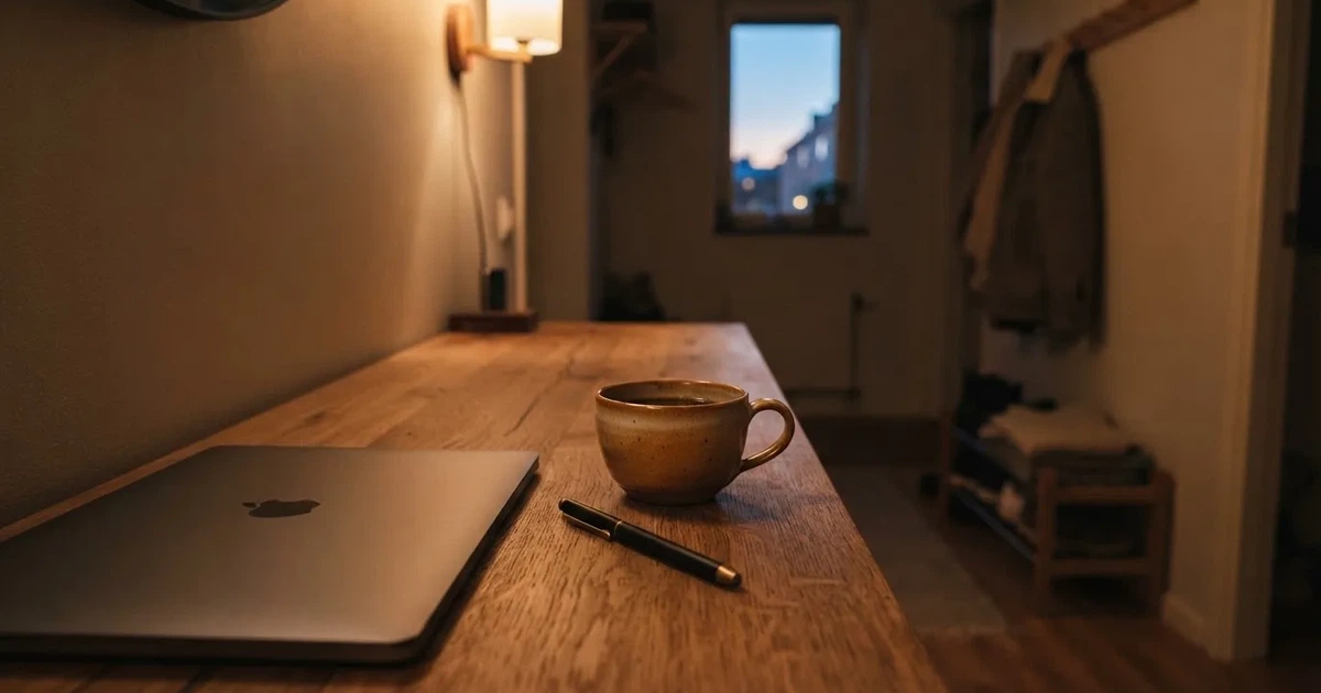 Kaffekopp och penna på ett smalt hallbord i skymning, en stängd bärbar dator vid sidan — 200 kr casino i sverige