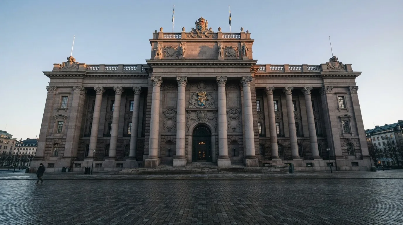 Stenfasad på en statlig byggnad i Stockholm vid gryning, höga pelare och ett tomt torg framför — 200 kr casino i sverige