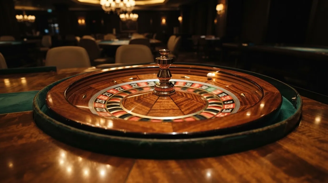 Ett roulettehjul snurrar på ett blankt träbord, den vita kulan glimmar i takljusets guld — 30 free spins casino i sverige