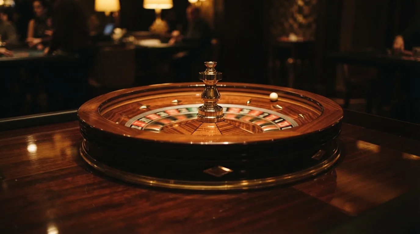 Ett roulettehjul snurrar på ett blankt träbord, den vita kulan glimmar i takljusets guld — 40 free spins casino i sverige