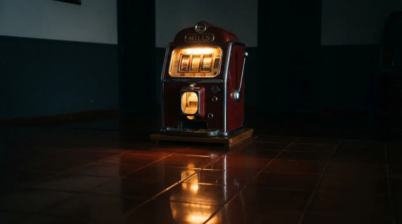 En gammal spelautomat lyser i den dunkla hallen och speglar sig i golvet — 5 euro casino i sverige