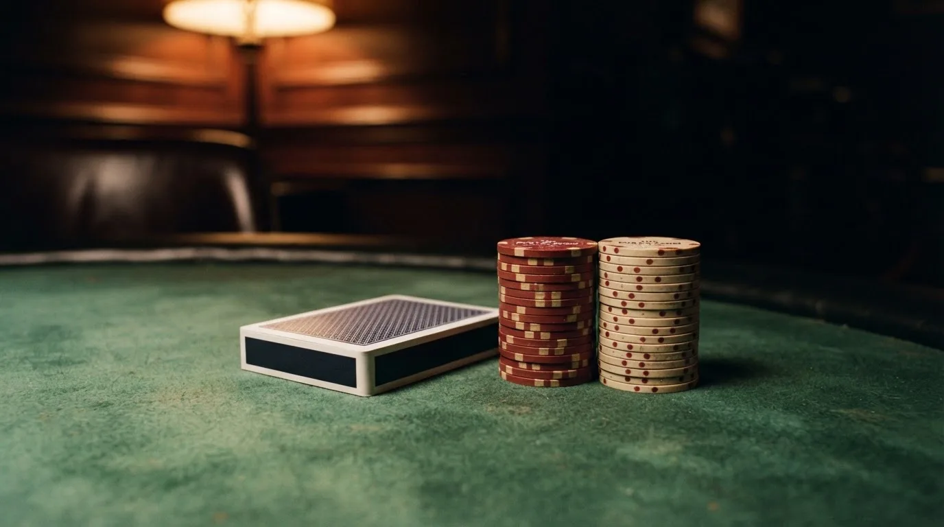 Kortlek och staplar av spelmarker på ett grönt filtbord i en dunkel salong, varmt lampsken — 50 euro casino i sverige