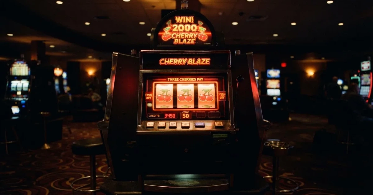 Rullarna på en spelautomat stannar i rad, klarröda körsbär lyser i den mörka spelhallen — 50 free spins casino i sverige