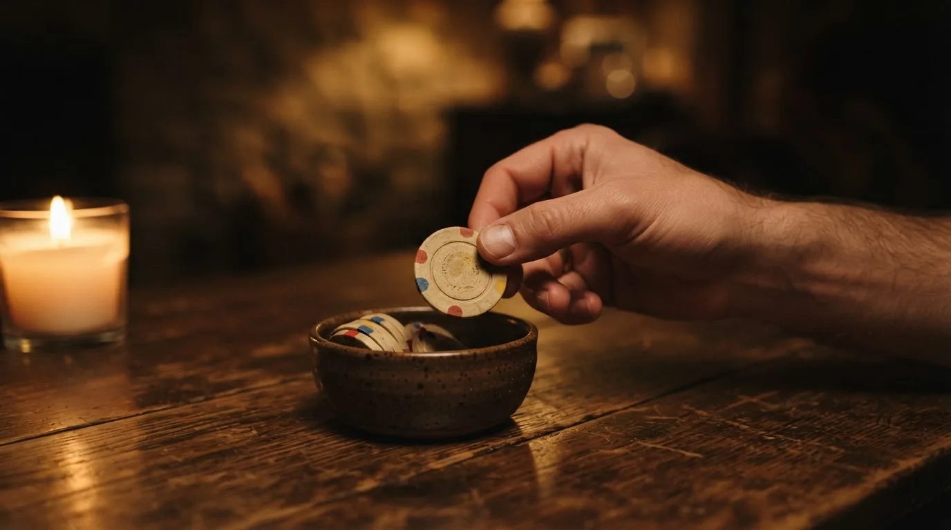 En hand lyfter en spelmark ur en skål, ljuslågan färgar bordet gyllenbrunt — 50 kr casino i sverige