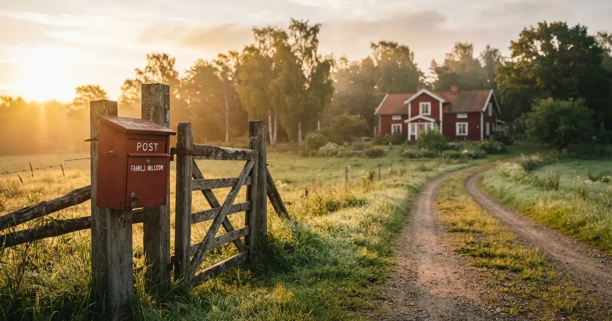 En röd brevlåda vid grinden till en lantgård en sommarkväll, daggigt gräs och långa skuggor — 50 kr casino i sverige