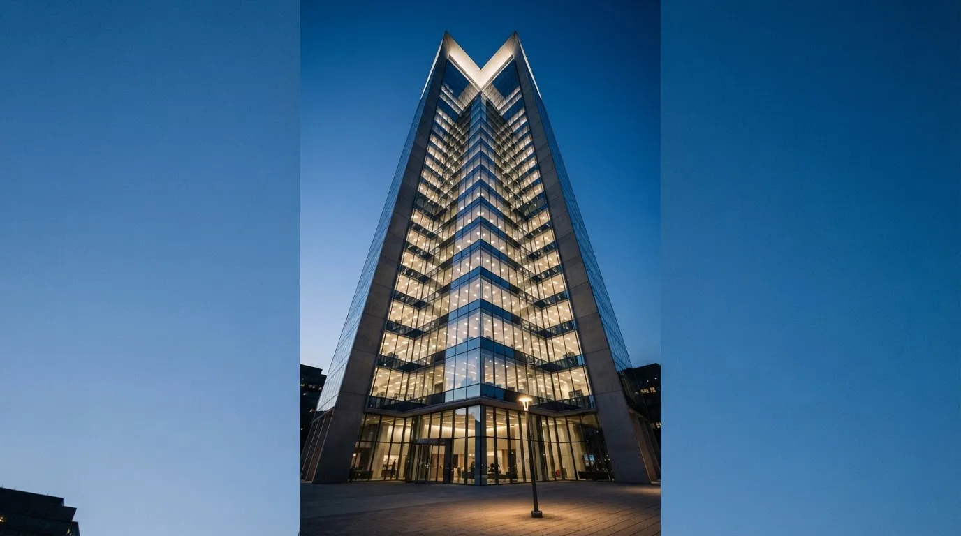 En modern kontorsbyggnad fotograferad underifrån i skymning med tända fönster mot en klarblå himmel.