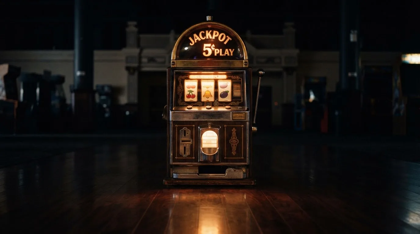 En gammal spelautomat lyser i den dunkla hallen och speglar sig i golvet — bästa kasino i sverige
