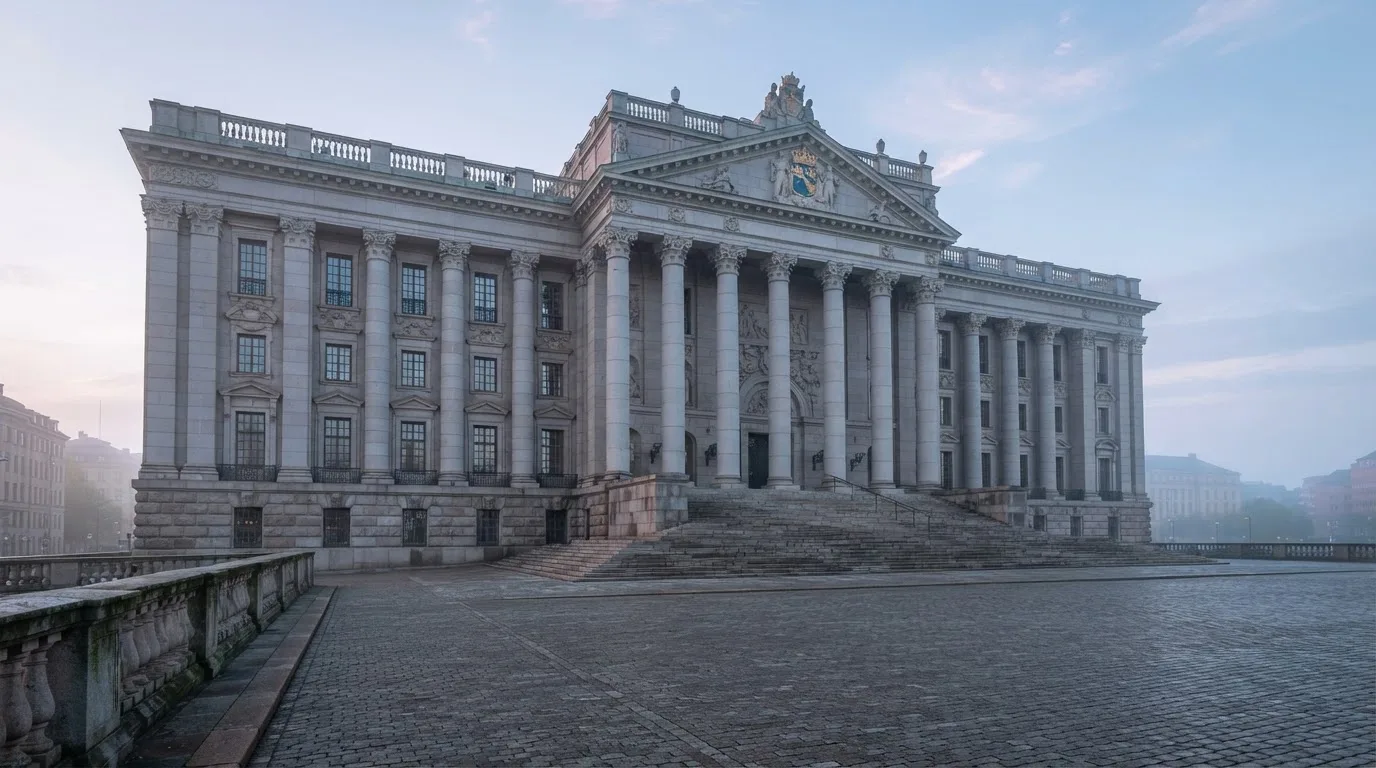 Stenfasad på en statlig byggnad i Stockholm vid gryning, höga pelare och ett tomt torg framför — bästa kasino i sverige