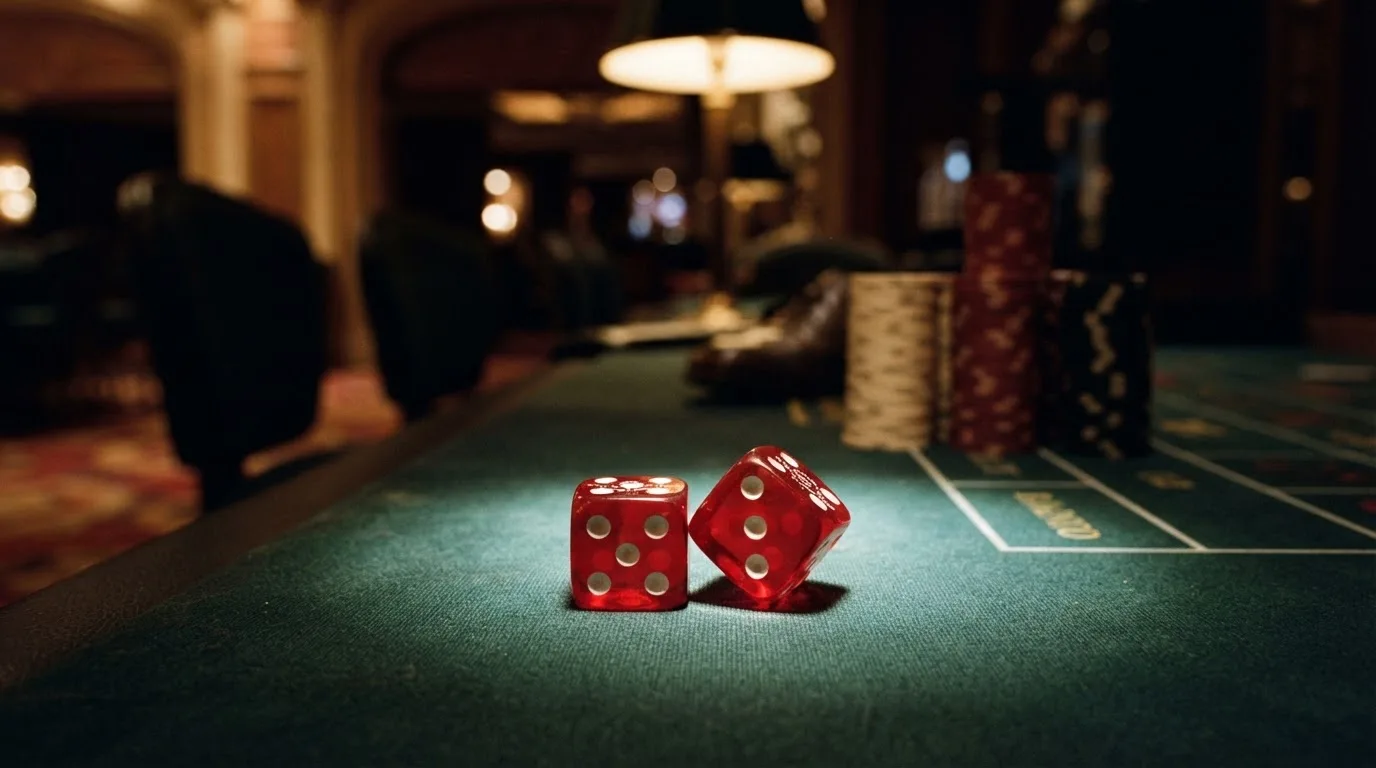 Röda tärningar vilar på grönt filt, bakom dem suddiga torn av spelmarker i kvällsdunklet — betala på casino i sverige