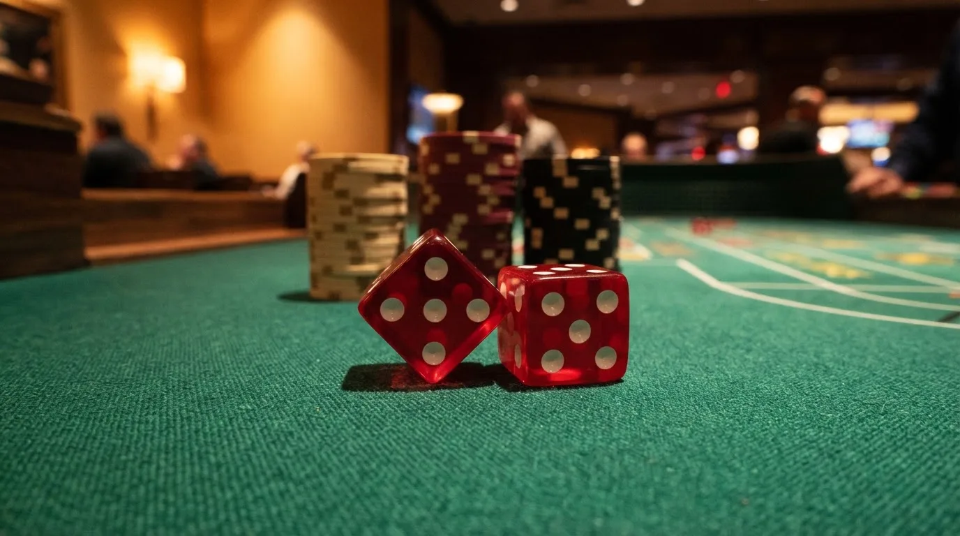 Röda tärningar vilar på grönt filt, bakom dem suddiga torn av spelmarker i kvällsdunklet — blackjack gratis i sverige