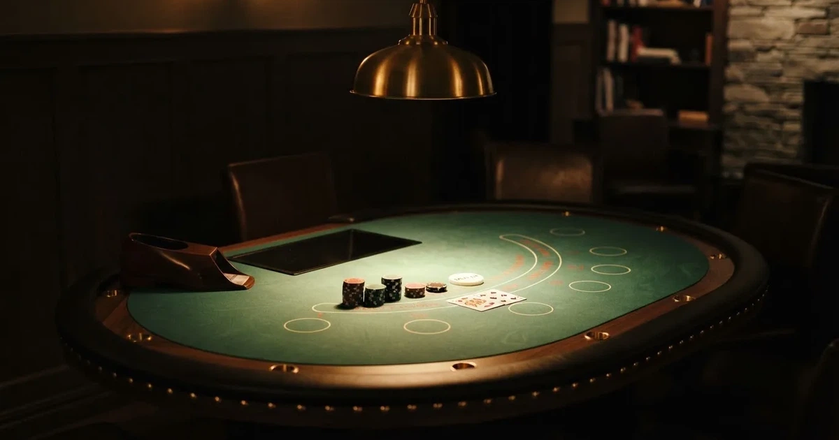 Ett ovalt pokerbord under en lågt hängande lampa, med spelmarker och en vit bricka i ljuset — blackjack med live dealer i sverige