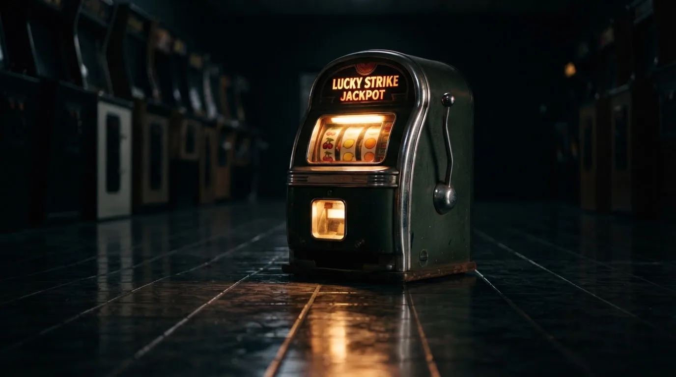 En gammal spelautomat lyser i den dunkla hallen och speglar sig i golvet — blackjack på nätet i sverige