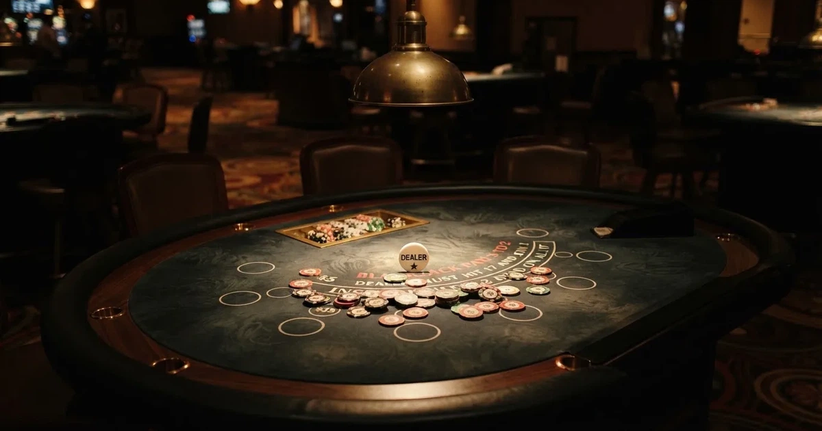 Ett ovalt pokerbord under en lågt hängande lampa, med spelmarker och en vit bricka i ljuset — blackjack på nätet i sverige