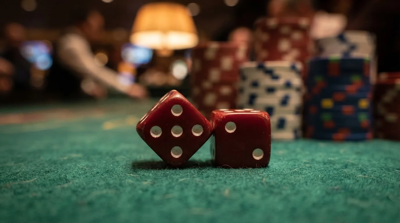 Röda tärningar vilar på grönt filt, bakom dem suddiga torn av spelmarker i kvällsdunklet — bra svenska casinon