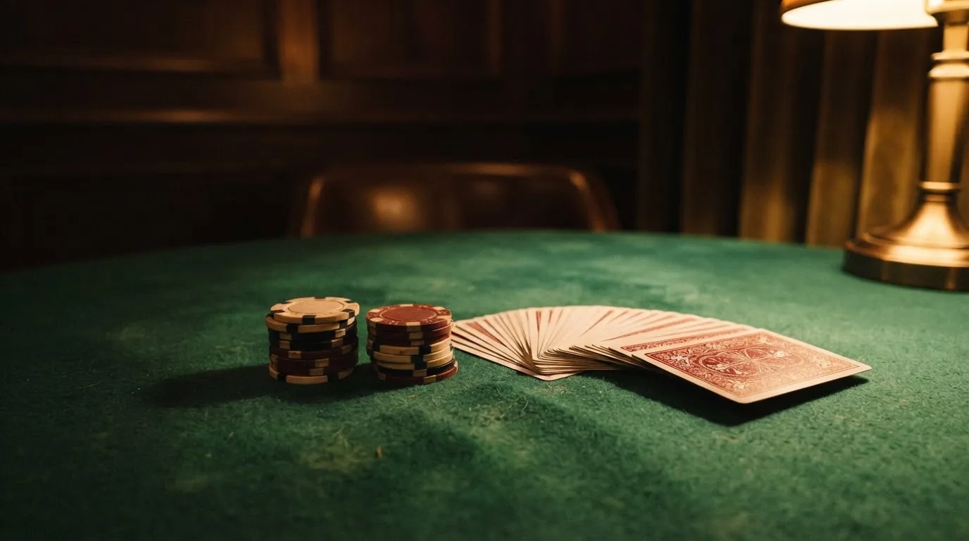 Kortlek och staplar av spelmarker på ett grönt filtbord i en dunkel salong, varmt lampsken — cashback på casino i sverige