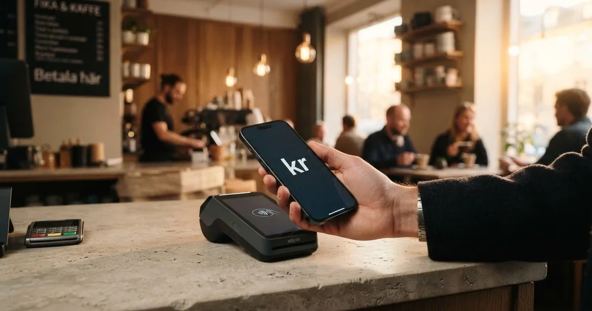 En hand håller ett betalkort nära en kortterminal för en kontaktlös betalning, fotograferat i närbild med varm belysning.