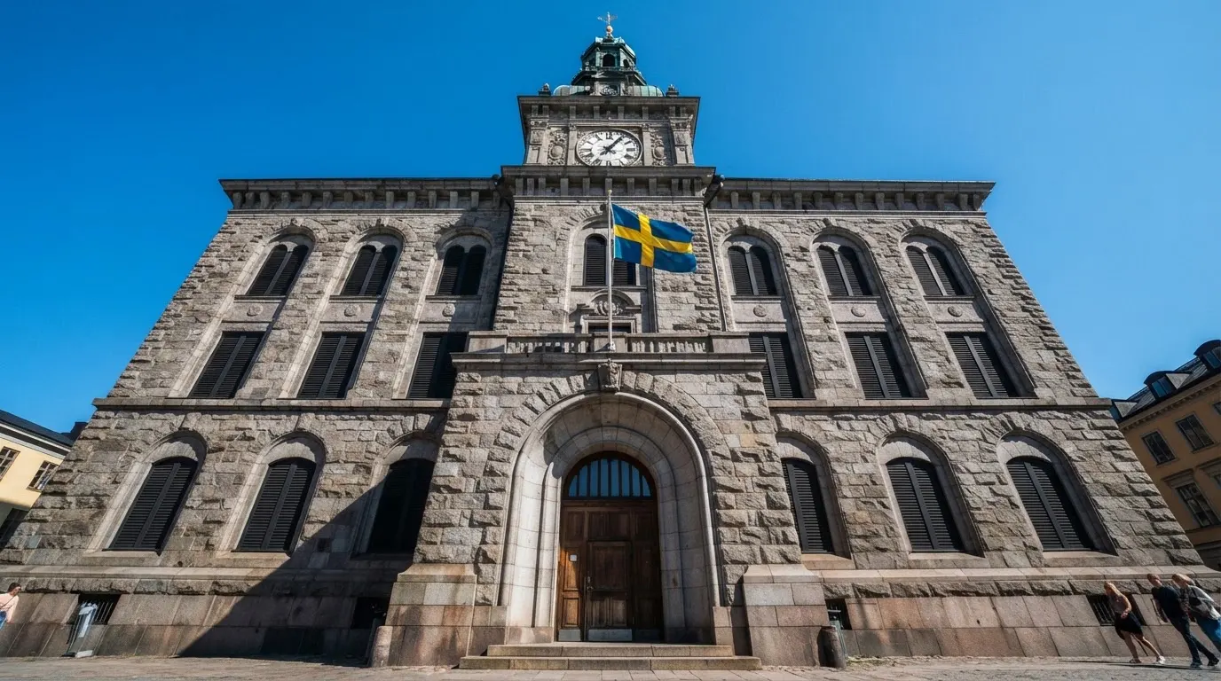 Ett gammalt stadshus i sten fotograferat underifrån mot en klarblå himmel, med den svenska flaggan som fladdrar ovanför entrén.