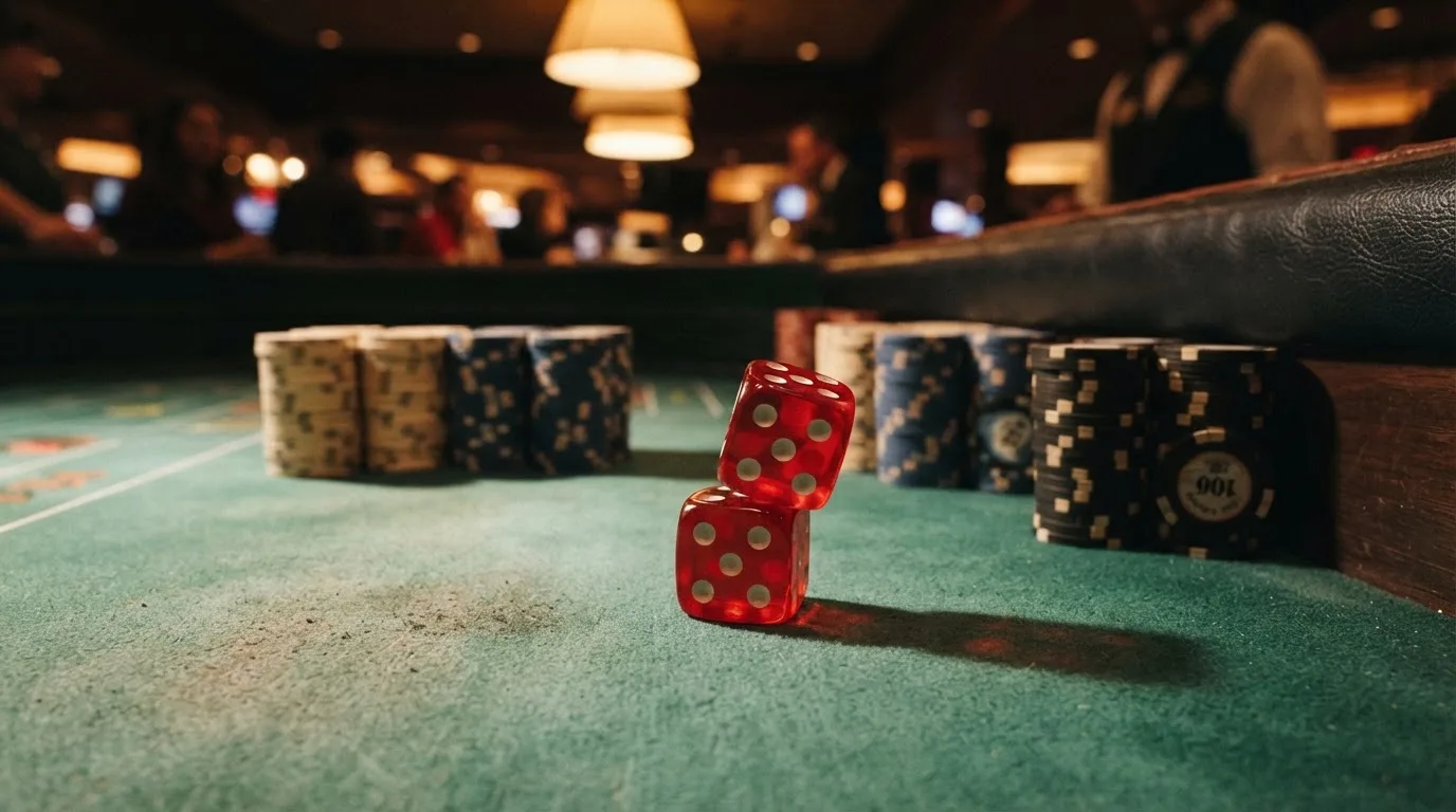Röda tärningar vilar på grönt filt, bakom dem suddiga torn av spelmarker i kvällsdunklet — casino erbjudanden i sverige