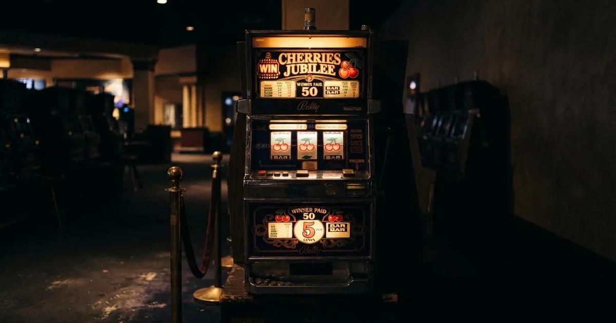 Rullarna på en spelautomat stannar i rad, klarröda körsbär lyser i den mörka spelhallen — casino erbjudanden i sverige