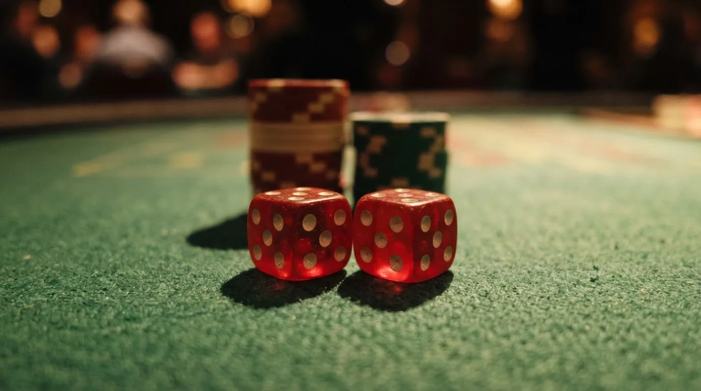 Röda tärningar vilar på grönt filt, bakom dem suddiga torn av spelmarker i kvällsdunklet — casino guider för svenskar