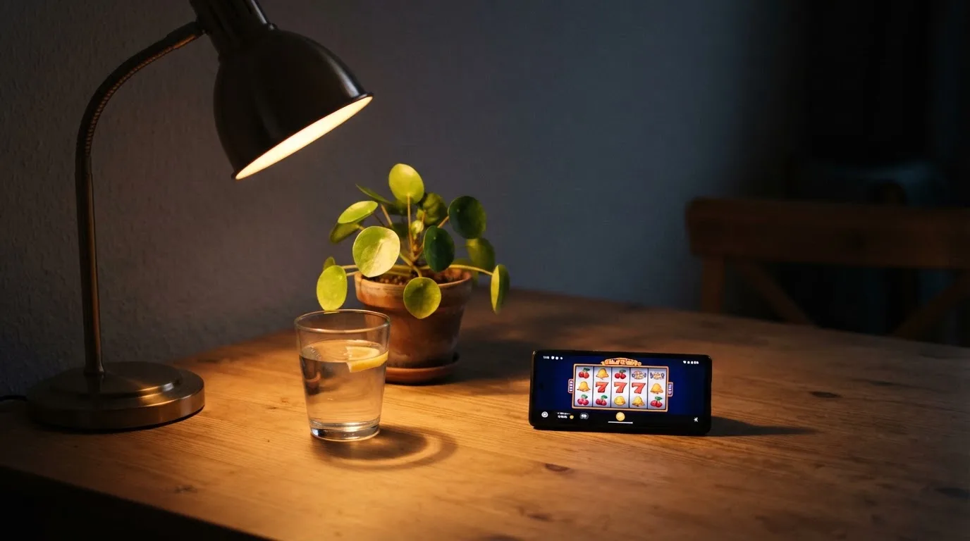 En skrivbordslampa lyser upp ett vattenglas och en kruka, rummet bakom mörknar sakta — casinon för riktiga pengar