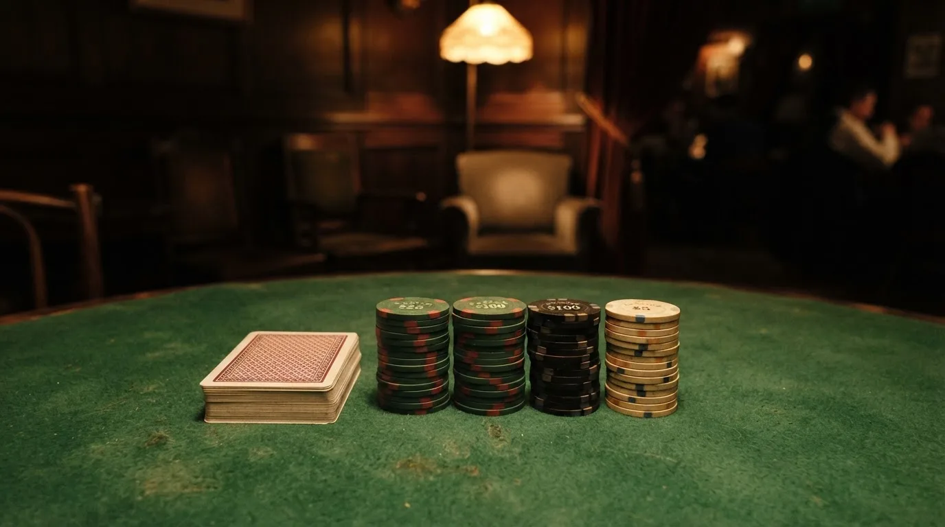 Kortlek och staplar av spelmarker på ett grönt filtbord i en dunkel salong, varmt lampsken — casinon med baccarat i sverige