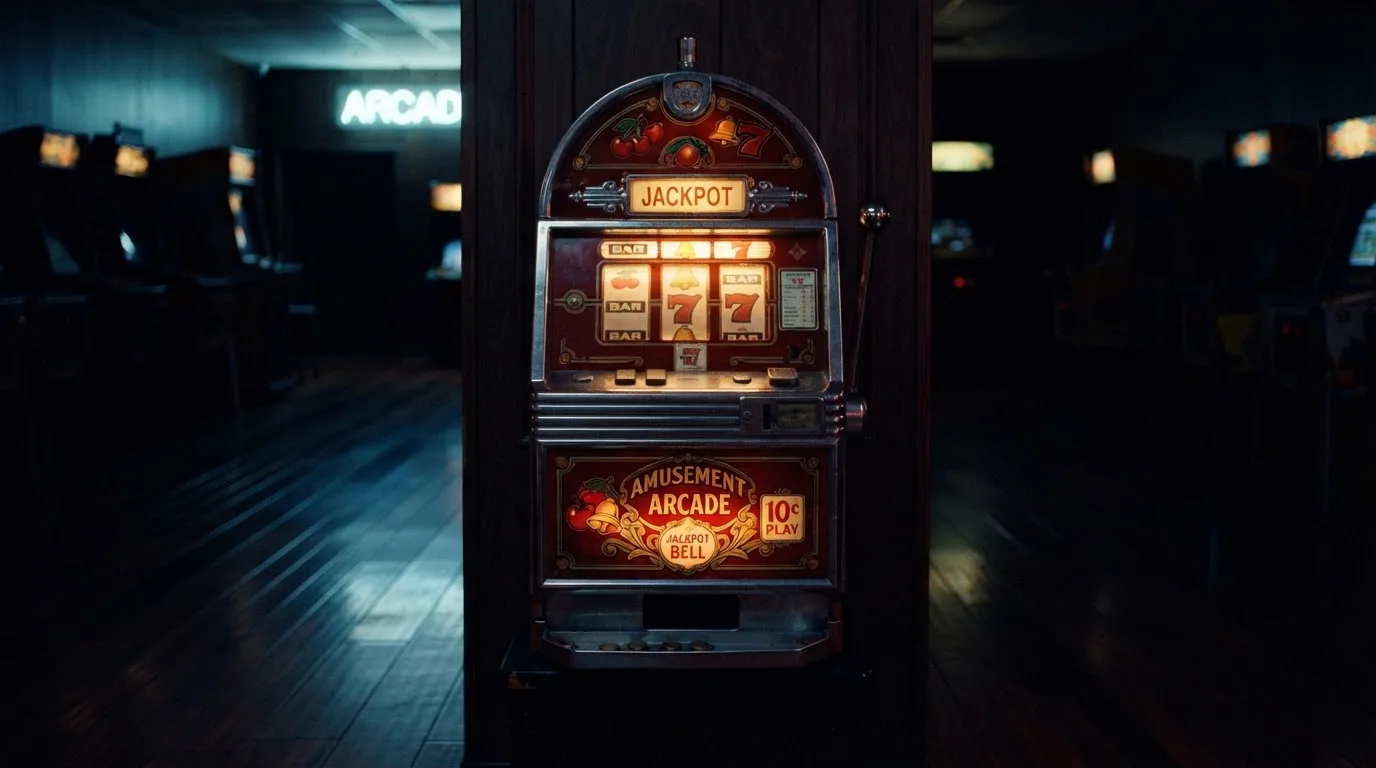 En gammal spelautomat lyser i den dunkla hallen och speglar sig i golvet — casinon med bankid i sverige