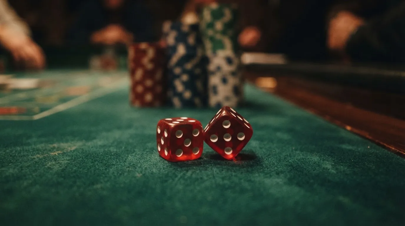 Röda tärningar vilar på grönt filt, bakom dem suddiga torn av spelmarker i kvällsdunklet — casinon med bingo i sverige