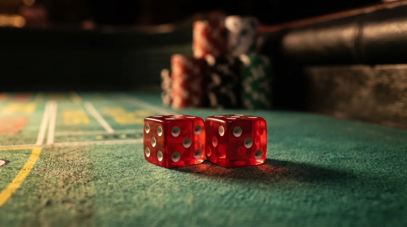Röda tärningar vilar på grönt filt, bakom dem suddiga torn av spelmarker i kvällsdunklet — casinon med craps i sverige