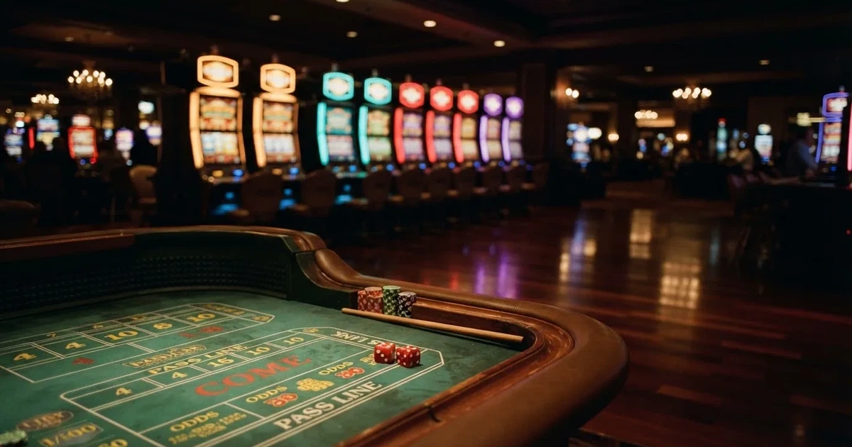 En rad spelskåp i en dunkel hall, rullarna lyser i olika färger och golvet speglar dem — casinon med craps i sverige