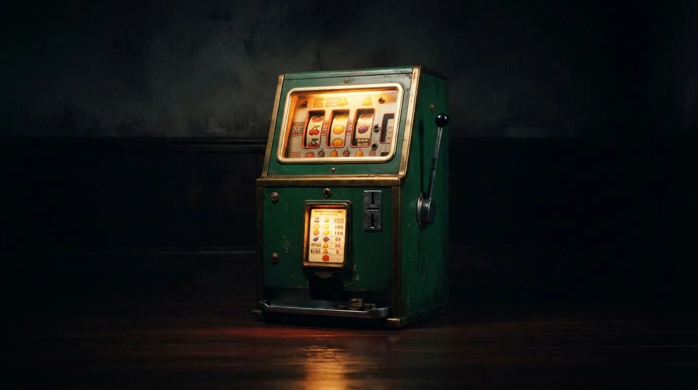 En gammal spelautomat lyser i den dunkla hallen och speglar sig i golvet — casinon med curaçao licens
