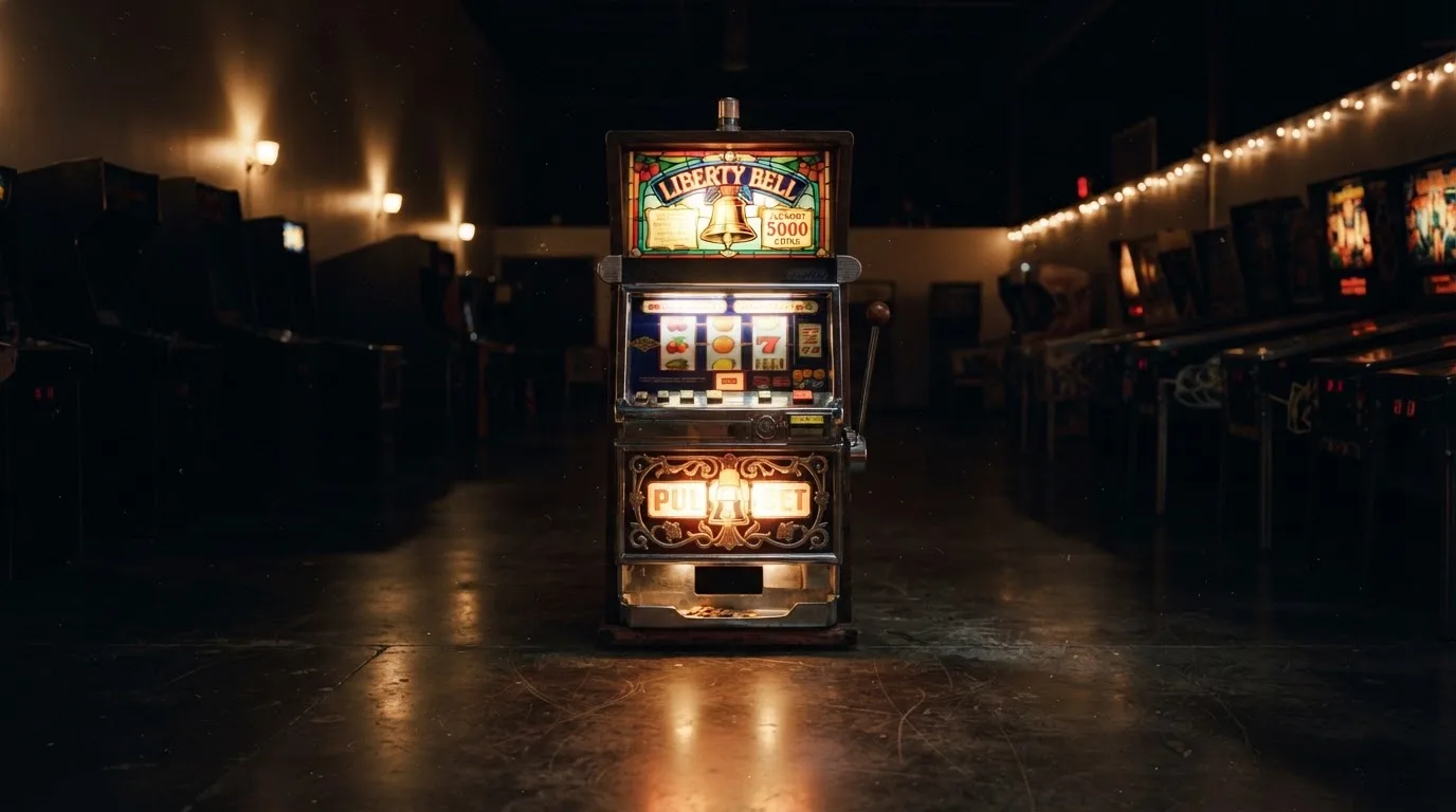 En gammal spelautomat lyser i den dunkla hallen och speglar sig i golvet — casinon med gratis spins i sverige