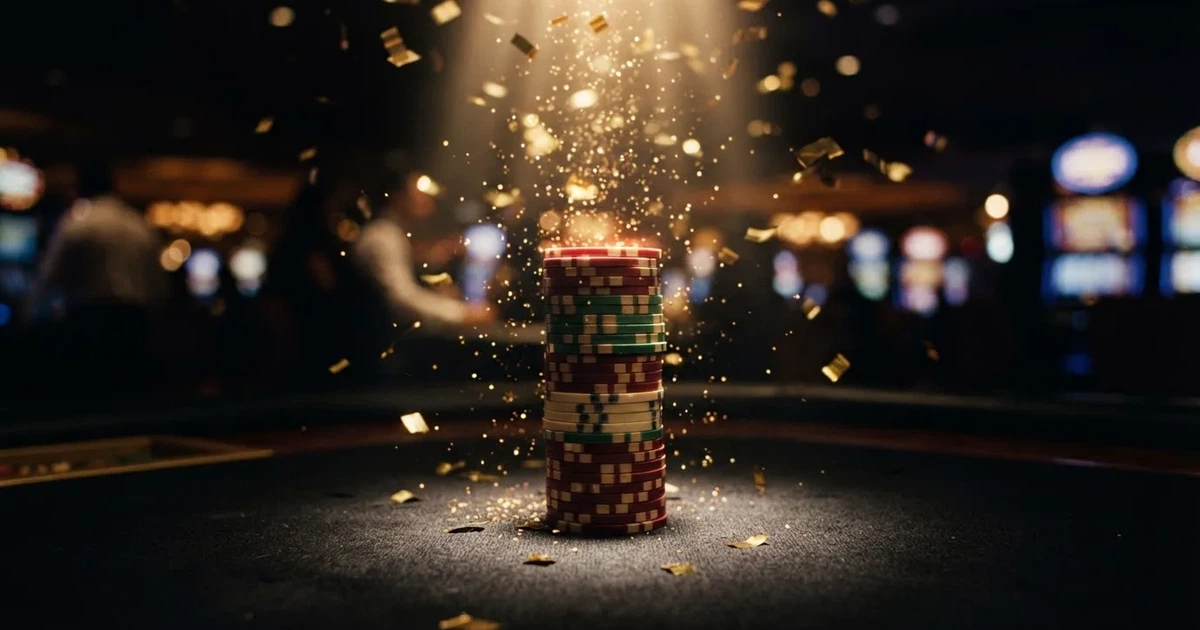 Guldkonfetti faller över spelmarker på ett svart bord, en ljuskägla träffar högens topp — casinon med gratis spins i sverige