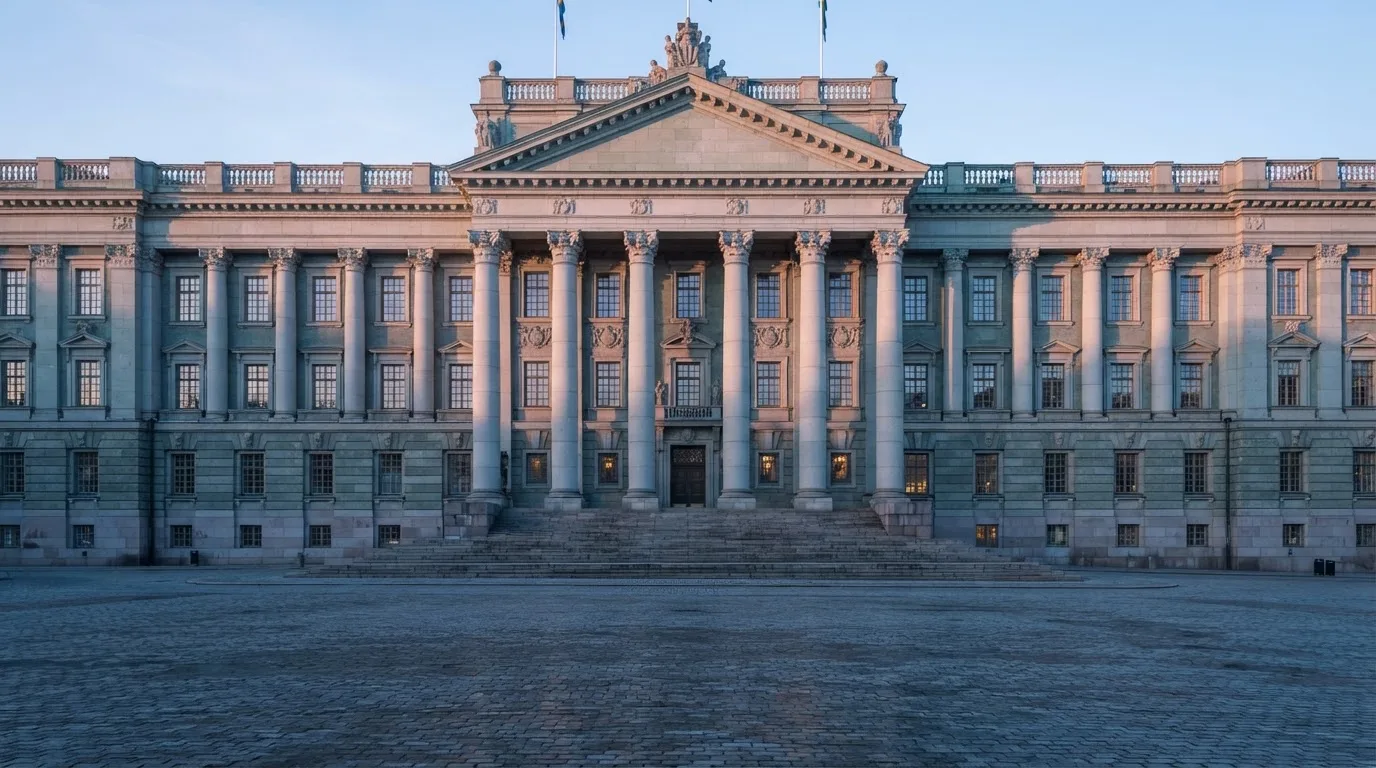 Stenfasad på en statlig byggnad i Stockholm vid gryning, höga pelare och ett tomt torg framför — casinon med gratissnurr