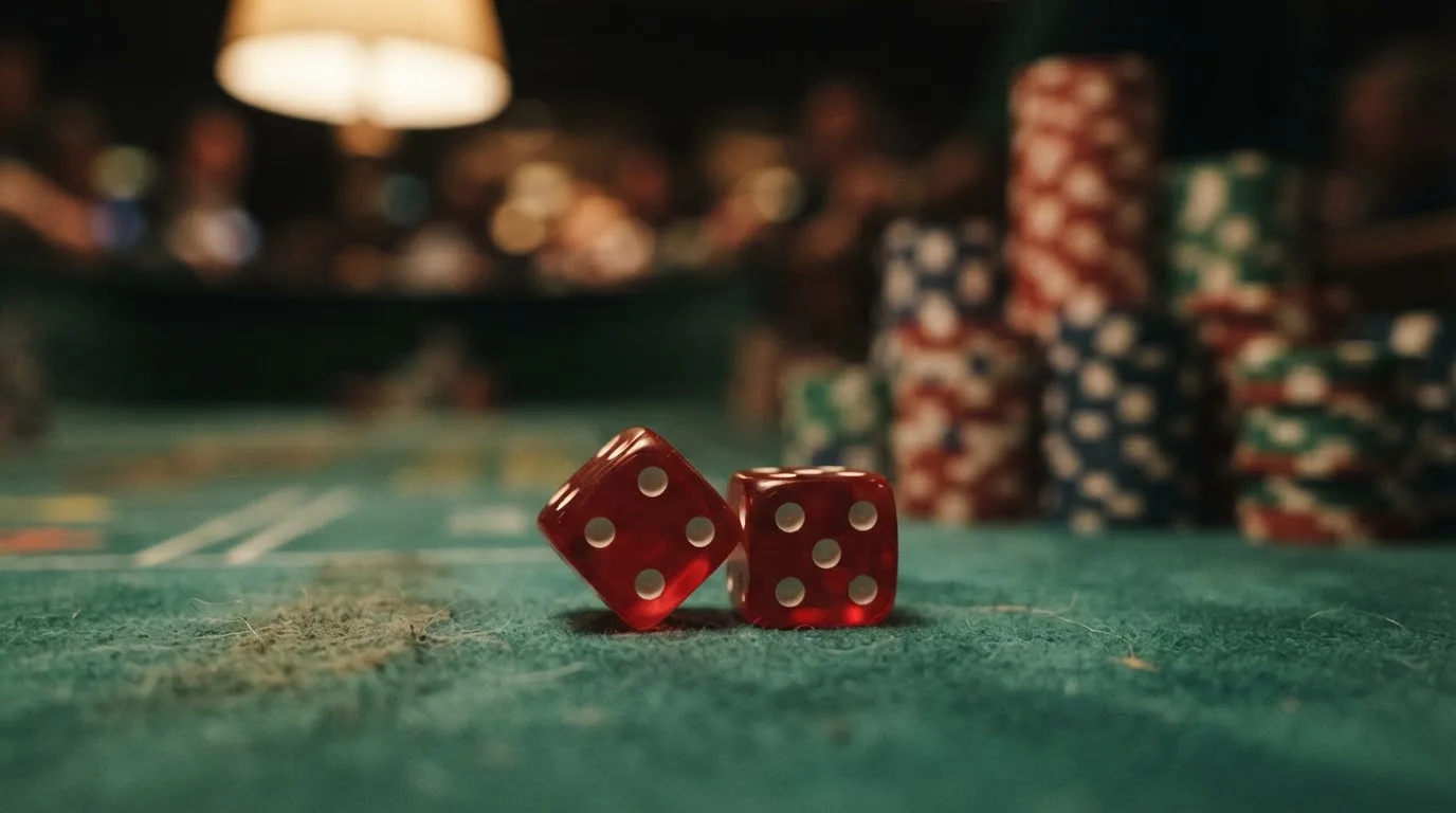 Röda tärningar vilar på grönt filt, bakom dem suddiga torn av spelmarker i kvällsdunklet — casinon med jackpot i sverige
