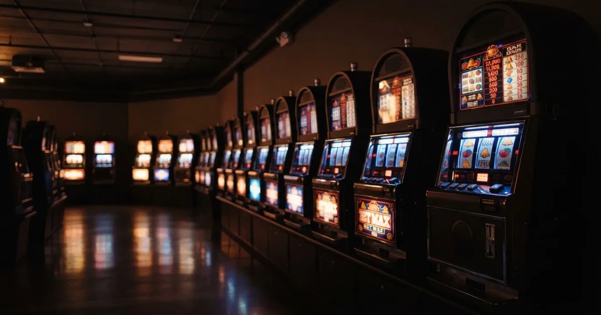 En rad spelskåp i en dunkel hall, rullarna lyser i olika färger och golvet speglar dem — casinon med jackpot i sverige